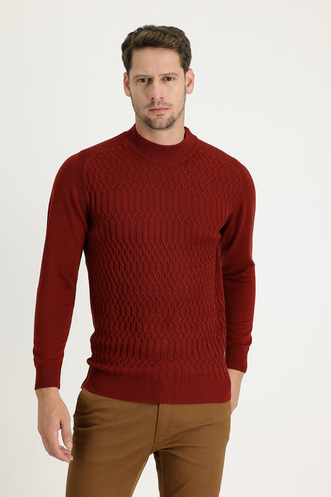 Tile-colored Half Turtleneck Regular Fit Patterned Knit Sweater