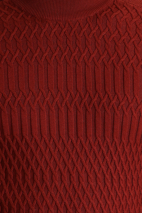 Tile-colored Half Turtleneck Regular Fit Patterned Knit Sweater