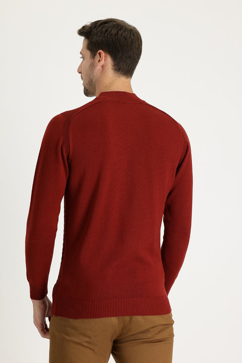 Tile-colored Half Turtleneck Regular Fit Patterned Knit Sweater