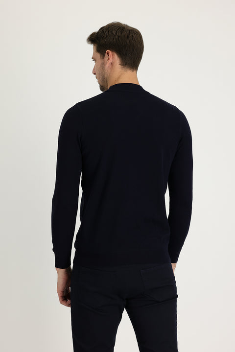 Orta Lacivert Yarım Balıkçı Yaka Regular Fit Desenli Triko Kazak