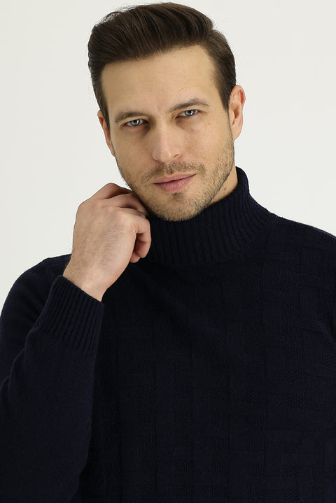 Orta Lacivert Balıkçı Yaka Regular Fit Yünlü Desenli Triko Kazak