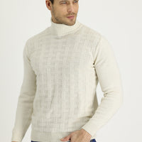 Ekru Balıkçı Yaka Regular Fit Yünlü Desenli Pamuklu Triko Kazak
