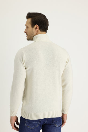 Ekru Balıkçı Yaka Regular Fit Yünlü Desenli Pamuklu Triko Kazak