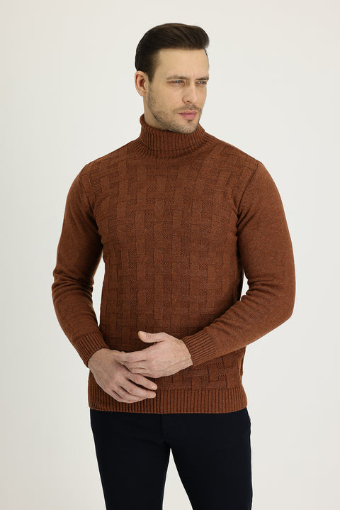 Kiremit Balıkçı Yaka Regular Fit Yünlü Desenli Triko Kazak