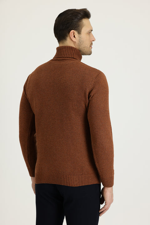 Kiremit Balıkçı Yaka Regular Fit Yünlü Desenli Triko Kazak