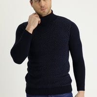 Koyu Lacivert Balıkçı Yaka Slim Fit Dar Kesim Yünlü Desenli Triko Kazak