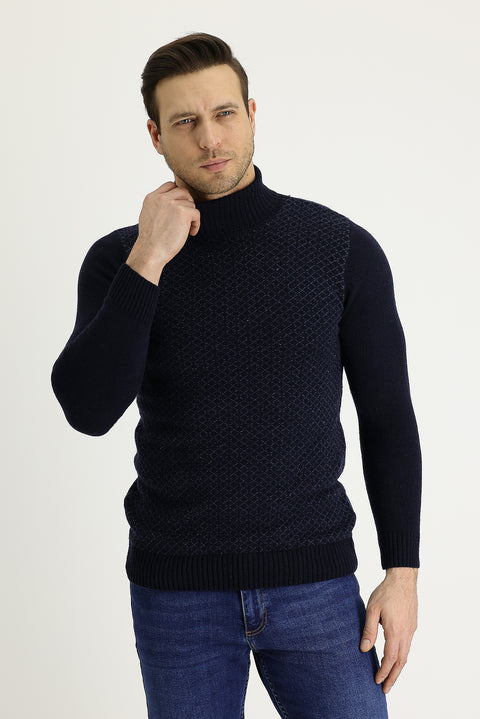 Koyu Lacivert Balıkçı Yaka Slim Fit Dar Kesim Yünlü Desenli Triko Kazak
