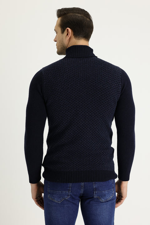 Koyu Lacivert Balıkçı Yaka Slim Fit Dar Kesim Yünlü Desenli Triko Kazak
