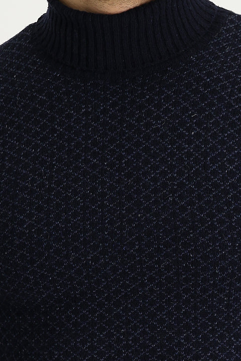 Koyu Lacivert Balıkçı Yaka Slim Fit Dar Kesim Yünlü Desenli Triko Kazak