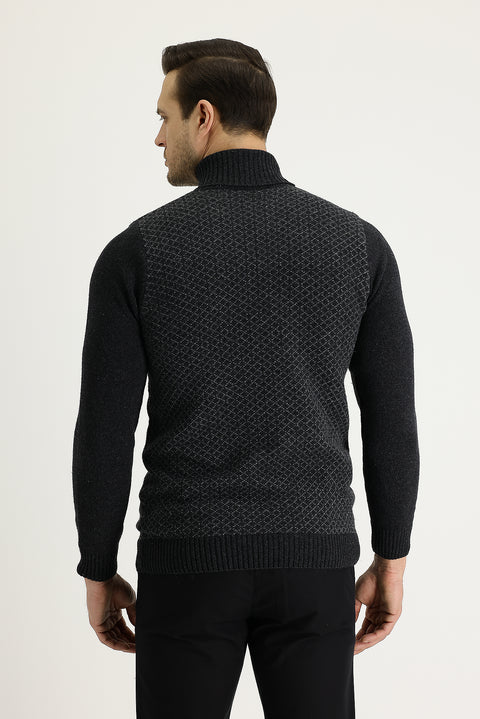 Koyu Antrasit Balıkçı Yaka Slim Fit Dar Kesim Yünlü Desenli Triko Kazak