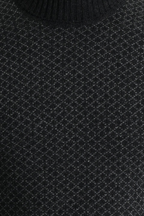 Koyu Antrasit Balıkçı Yaka Slim Fit Dar Kesim Yünlü Desenli Triko Kazak