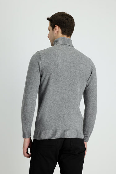Açık Gri Melanj Balıkçı Yaka Slim Fit Dar Kesim Desenli Yünlü Triko Kazak