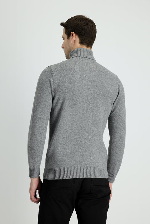 Açık Gri Melanj Balıkçı Yaka Slim Fit Dar Kesim Desenli Yünlü Triko Kazak