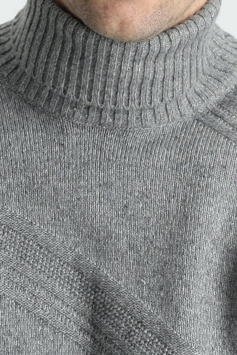 Açık Gri Melanj Balıkçı Yaka Slim Fit Dar Kesim Desenli Yünlü Triko Kazak