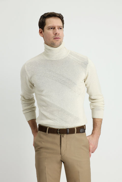 Ekru Balıkçı Yaka Slim Fit Dar Kesim Desenli Yünlü Triko Kazak