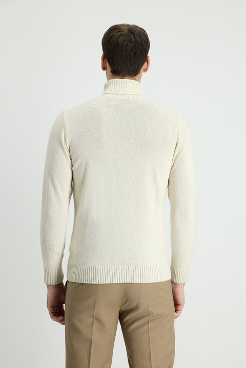 Ekru Balıkçı Yaka Slim Fit Dar Kesim Desenli Yünlü Triko Kazak
