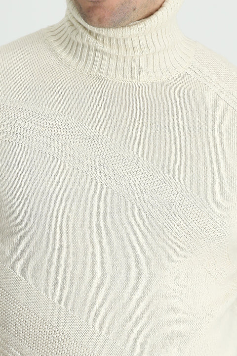 Ekru Balıkçı Yaka Slim Fit Dar Kesim Desenli Yünlü Triko Kazak