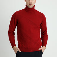 Koyu Kırmızı Balıkçı Yaka Slim Fit Dar Kesim Desenli Yünlü Triko Kazak