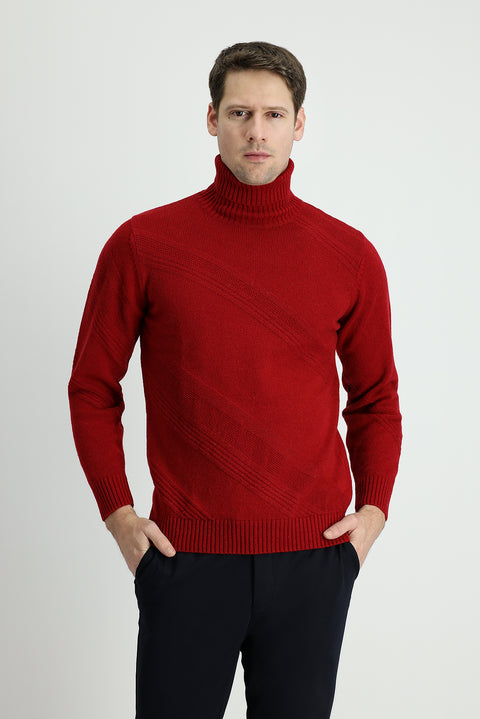 Koyu Kırmızı Balıkçı Yaka Slim Fit Dar Kesim Desenli Yünlü Triko Kazak