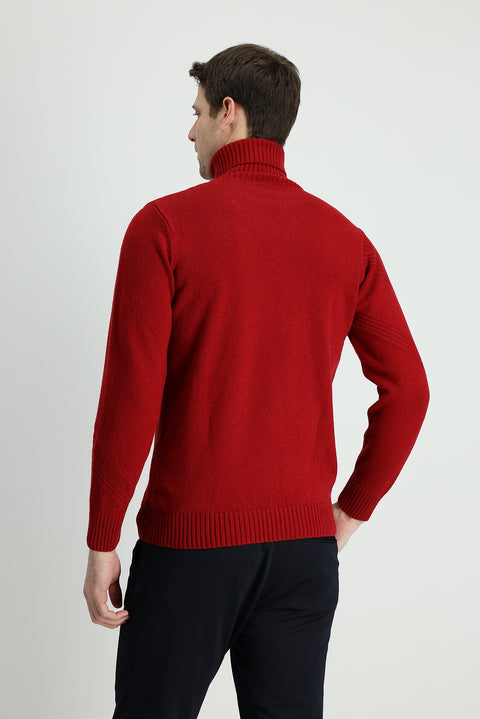 Koyu Kırmızı Balıkçı Yaka Slim Fit Dar Kesim Desenli Yünlü Triko Kazak