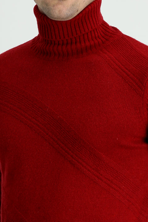 Koyu Kırmızı Balıkçı Yaka Slim Fit Dar Kesim Desenli Yünlü Triko Kazak