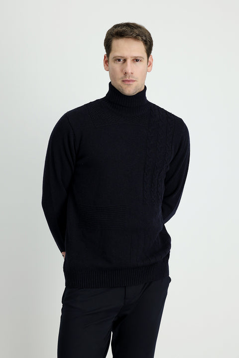 Koyu Lacivert Balıkçı Yaka Regular Fit Desenli Yünlü Triko Kazak