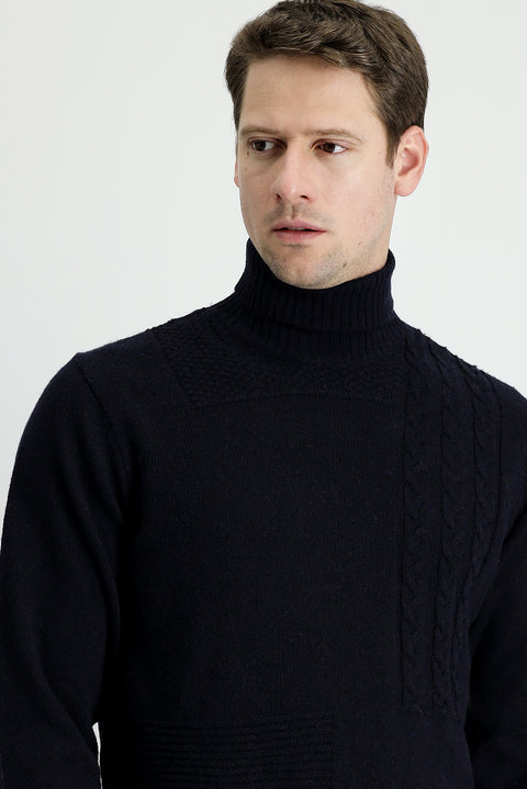 Koyu Lacivert Balıkçı Yaka Regular Fit Desenli Yünlü Triko Kazak