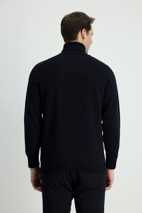 Koyu Lacivert Balıkçı Yaka Regular Fit Desenli Yünlü Triko Kazak