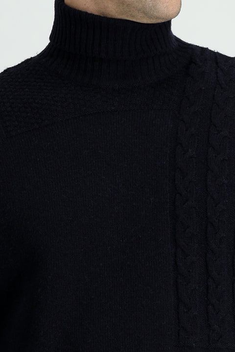Koyu Lacivert Balıkçı Yaka Regular Fit Desenli Yünlü Triko Kazak