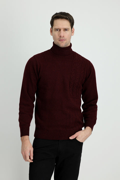 Koyu Bordo Balıkçı Yaka Regular Fit Desenli Yünlü Triko Kazak