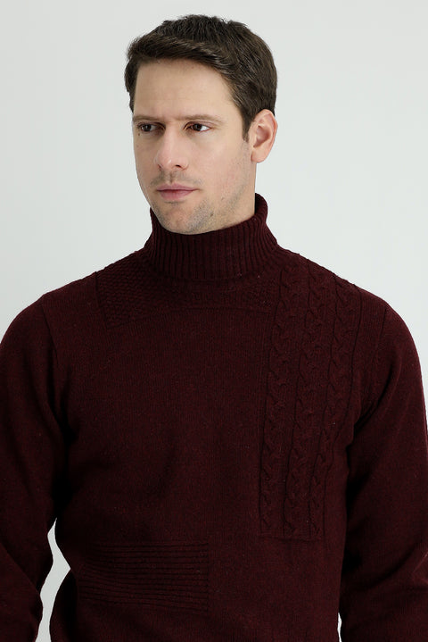 Koyu Bordo Balıkçı Yaka Regular Fit Desenli Yünlü Triko Kazak