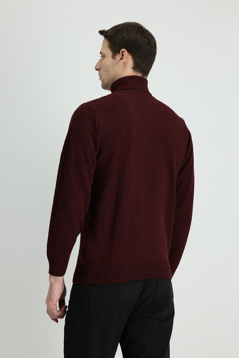 Koyu Bordo Balıkçı Yaka Regular Fit Desenli Yünlü Triko Kazak