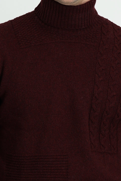 Koyu Bordo Balıkçı Yaka Regular Fit Desenli Yünlü Triko Kazak