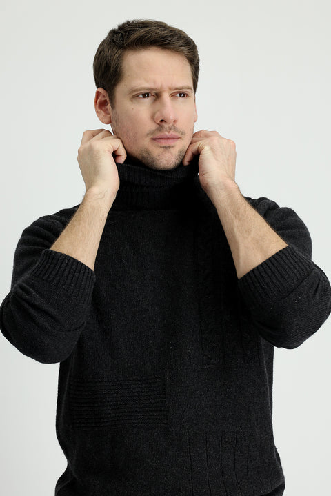 Koyu Antrasit Balıkçı Yaka Regular Fit Desenli Yünlü Triko Kazak