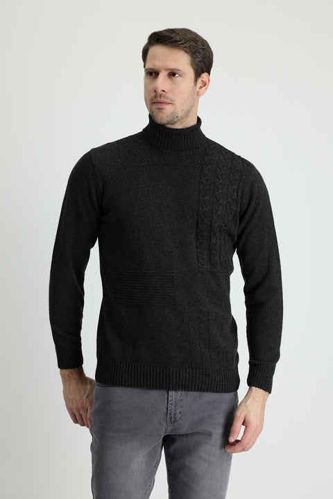 Koyu Antrasit Balıkçı Yaka Regular Fit Desenli Yünlü Triko Kazak