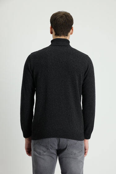 Koyu Antrasit Balıkçı Yaka Regular Fit Desenli Yünlü Triko Kazak