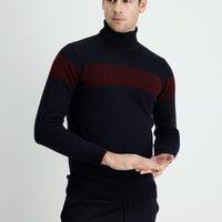 Koyu Lacivert Balıkçı Yaka Slim Fit Dar Kesim Desenli Yünlü Triko Kazak