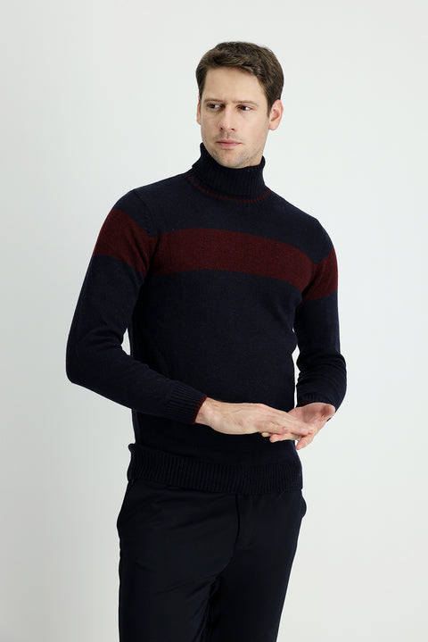 Koyu Lacivert Balıkçı Yaka Slim Fit Dar Kesim Desenli Yünlü Triko Kazak