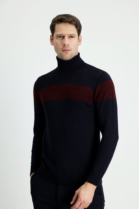 Koyu Lacivert Balıkçı Yaka Slim Fit Dar Kesim Desenli Yünlü Triko Kazak