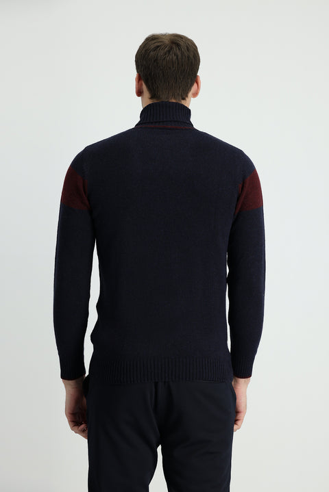 Koyu Lacivert Balıkçı Yaka Slim Fit Dar Kesim Desenli Yünlü Triko Kazak