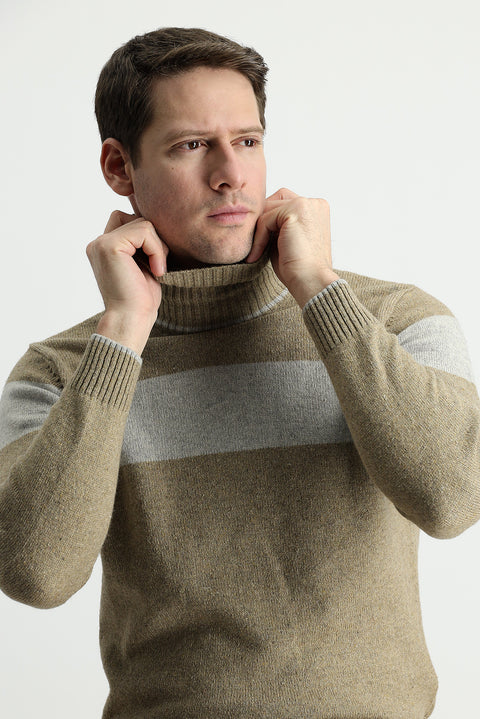 Orta Bej Balıkçı Yaka Slim Fit Dar Kesim Desenli Yünlü Triko Kazak