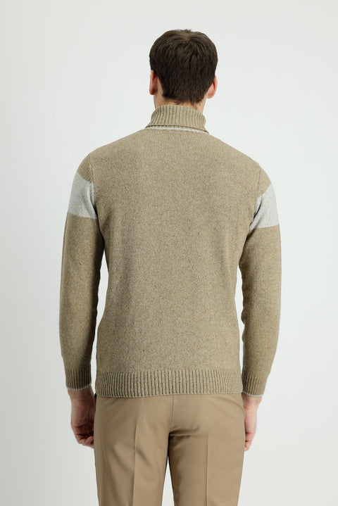 Orta Bej Balıkçı Yaka Slim Fit Dar Kesim Desenli Yünlü Triko Kazak