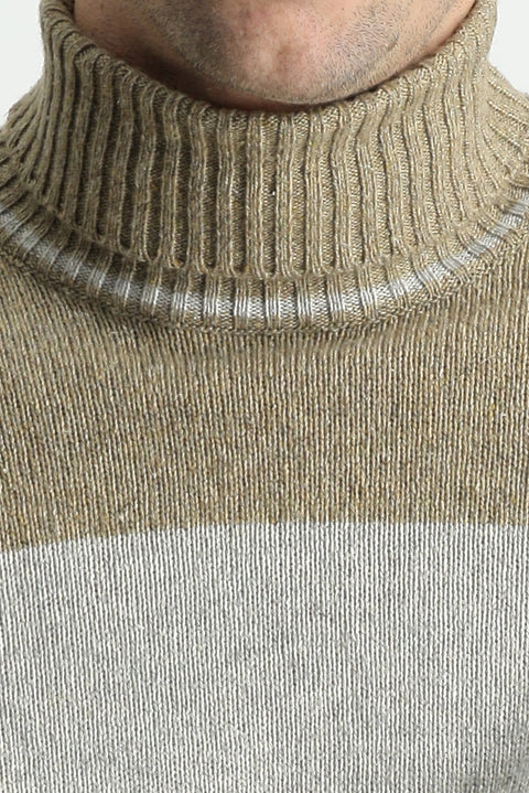 Orta Bej Balıkçı Yaka Slim Fit Dar Kesim Desenli Yünlü Triko Kazak