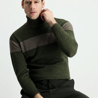 Orta Haki Balıkçı Yaka Slim Fit Dar Kesim Desenli Yünlü Triko Kazak