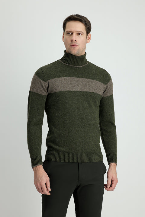 Orta Haki Balıkçı Yaka Slim Fit Dar Kesim Desenli Yünlü Triko Kazak