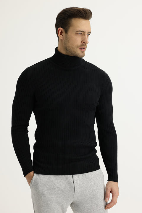 Siyah Balıkçı Yaka Slim Fit Dar Kesim Triko Kazak