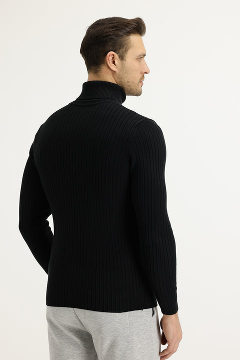 Siyah Balıkçı Yaka Slim Fit Dar Kesim Triko Kazak