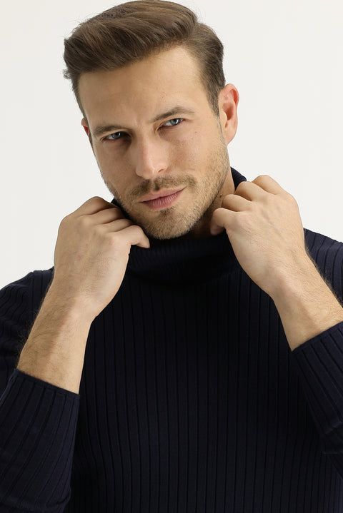 Koyu Lacivert Balıkçı Yaka Slim Fit Dar Kesim Triko Kazak