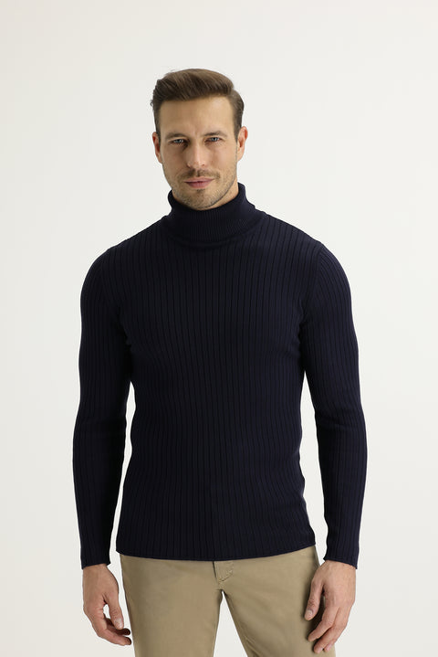 Koyu Lacivert Balıkçı Yaka Slim Fit Dar Kesim Triko Kazak