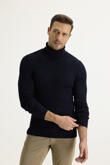 Koyu Lacivert Balıkçı Yaka Slim Fit Dar Kesim Triko Kazak